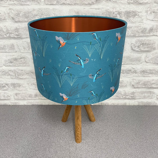 Kingfishers repeat pattern 30cm drum lampshade with metallic inner