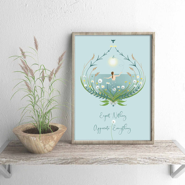 Beautiful wild swimming art print. 'Expect Nothing, Appreciate Everything'