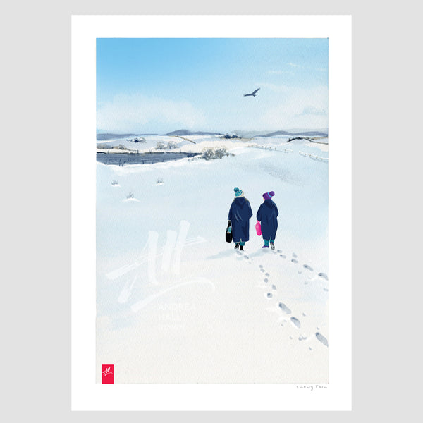 Atmospheric winter wild swimming art print. 'Snowy Tarn'