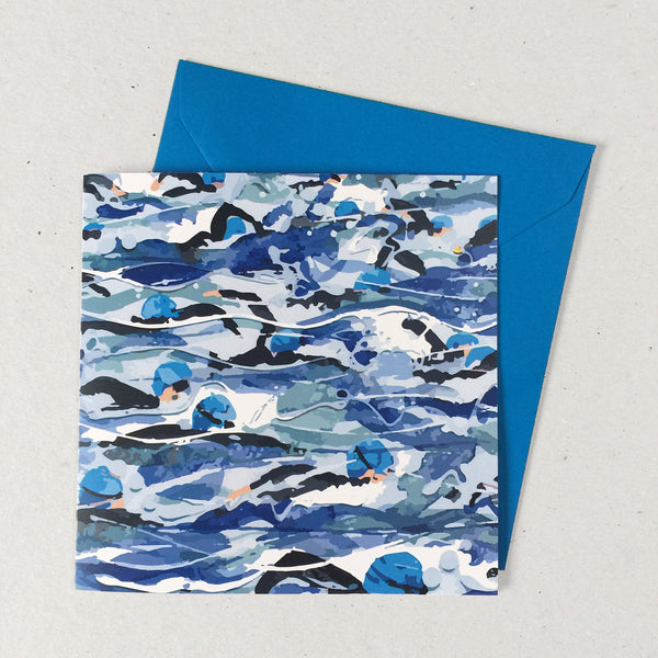 Open water swimming greetings card. Mass Start in various colours