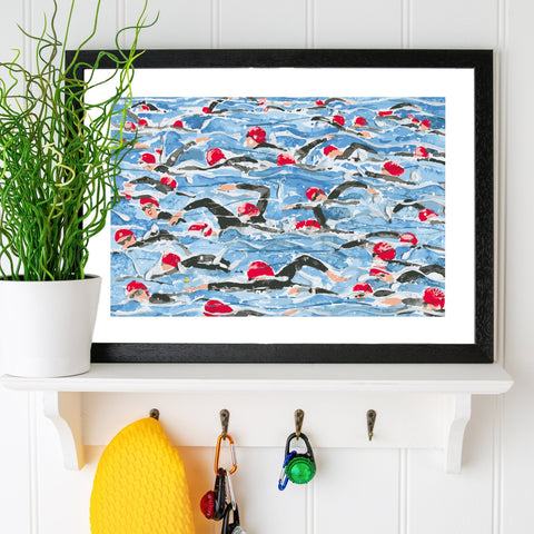 Open Water Swimming print. Mass Start Red Wave. Limited edition
