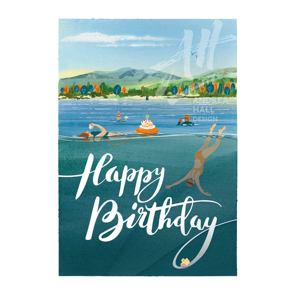 Outdoor wild swimming birthday card featuring cake
