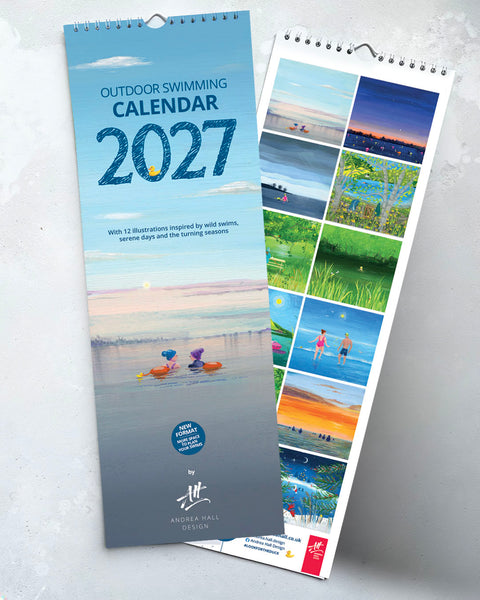 A 2027 outdoor swimming calendar front and back covers showing collage of illustrated swimming scenes, photographed on a light textured background.