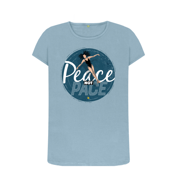 Stone Blue Peace Not Pace T-shirt \u2013 women's fit