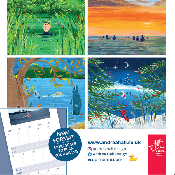 A selection of illustration from Andrea Hall's 2027 Outdoor Swimming calendar, along with calendar layout and contact details
