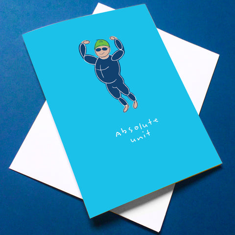 Drawing of male swimmer with a big belly in a wetsuit. Arms aloft in strongman pose, with text: Absolute Unit