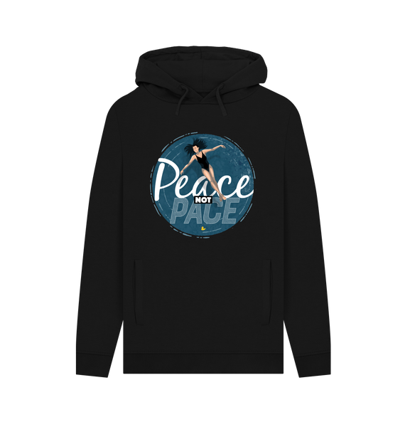 Unisex wild-swimming hoodie in light heather grey showing the “Peace Not Pace” design across the chest. Organic cotton, printed in the UK, soft brushed finish inside.