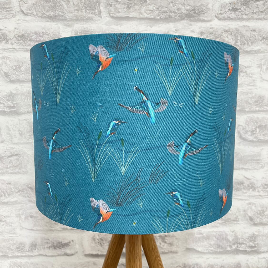 Kingfishers repeat pattern 30cm drum lampshade with metallic inner