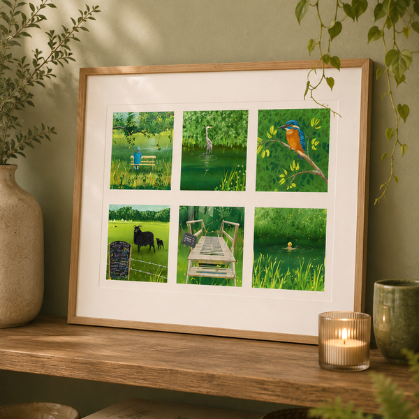 A framed art print featuring a six-panel collage of green nature illustrations, including a person sat at a bench, a swimmer, a kingfisher, wooden steps, displayed on a wooden shelf next to a lit candle and greenery.