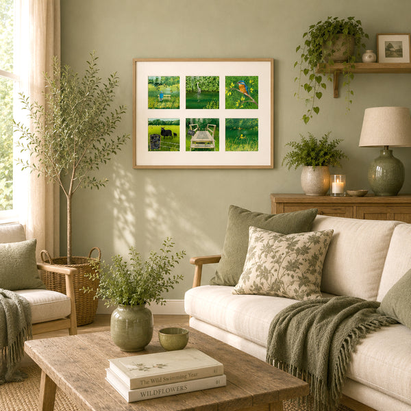 A framed six-panel art print featuring green outdoor scenes hangs on a sage green wall in a styled living room with a sofa, pillows, plants, and a coffee table.