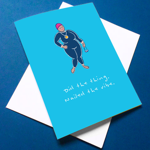 Illustration of a smug female swimmer in  a wetsuit with a medal round neck, standing confidently
