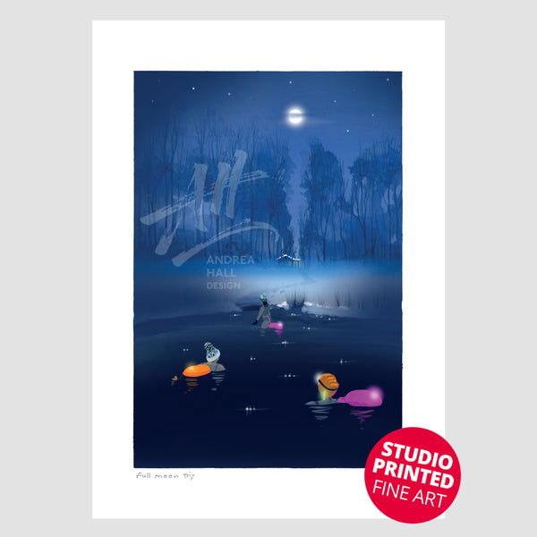 Atmospheric winter wild swimming art print – Full Moon Dip