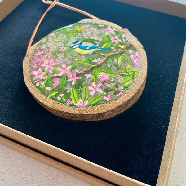 Blue Tit with Blossom original miniature wood slice painting presented in its gift box.