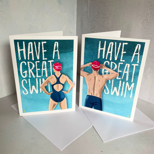 Have a Great Swim. Good Luck card for male skins swimmers