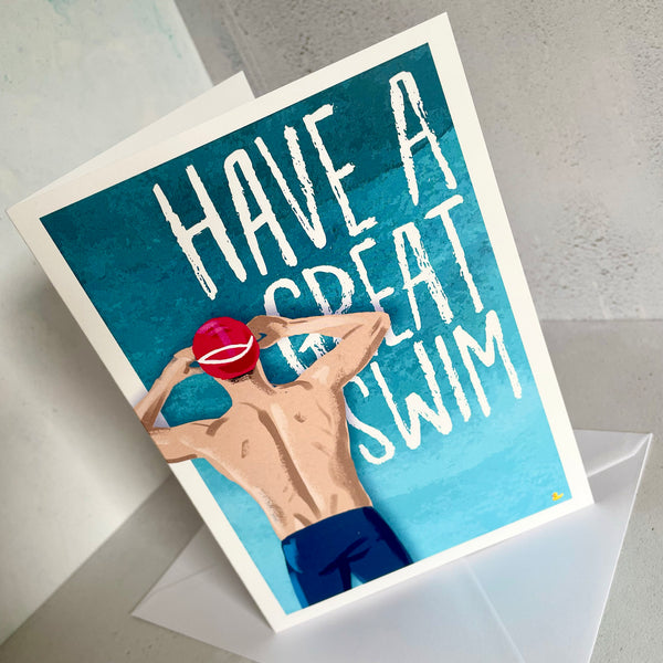 Have a Great Swim. Good Luck card for male skins swimmers
