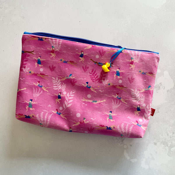 Large illustrated velvet pouch. Pink Ladies Wot Swim design