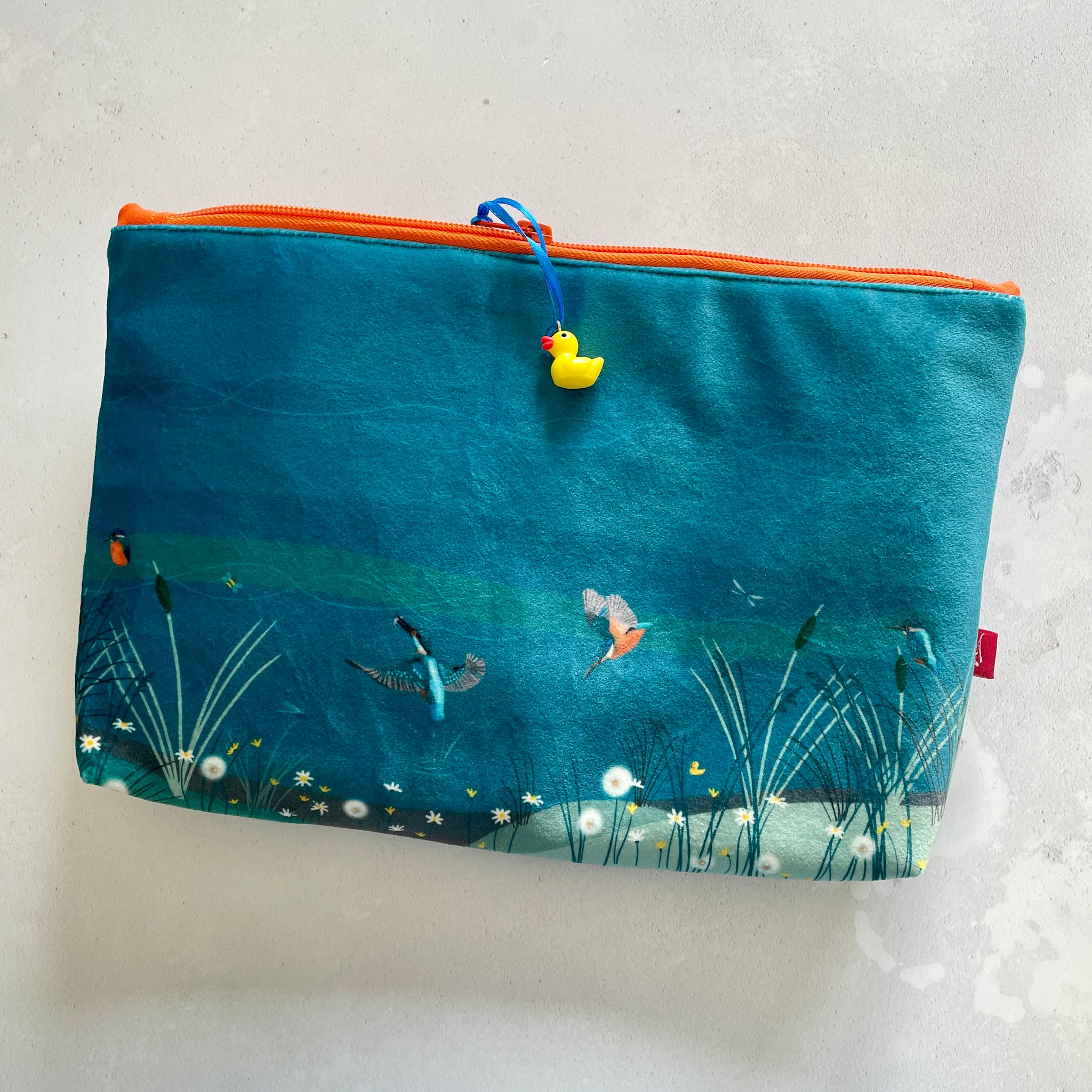 Large illustrated velvet pouch. Kingfishers design