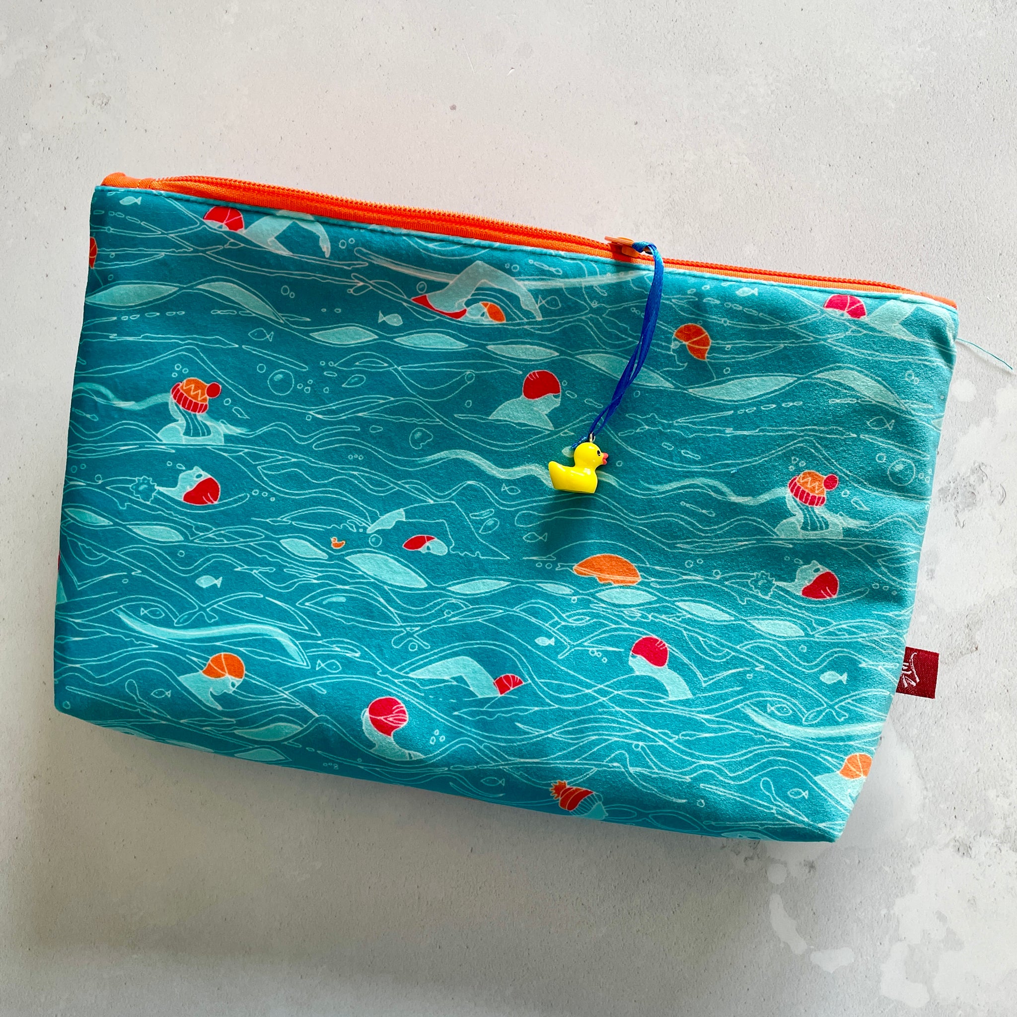 Large illustrated velvet pouch. Outdoor Swimmers design