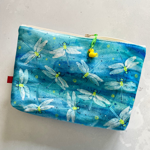 Large illustrated velvet pouch. Dragonflies design