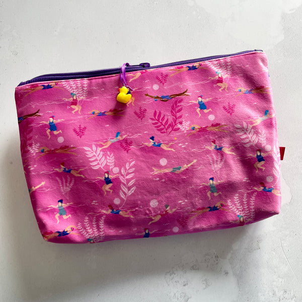 Large illustrated velvet pouch. Pink Ladies Wot Swim design