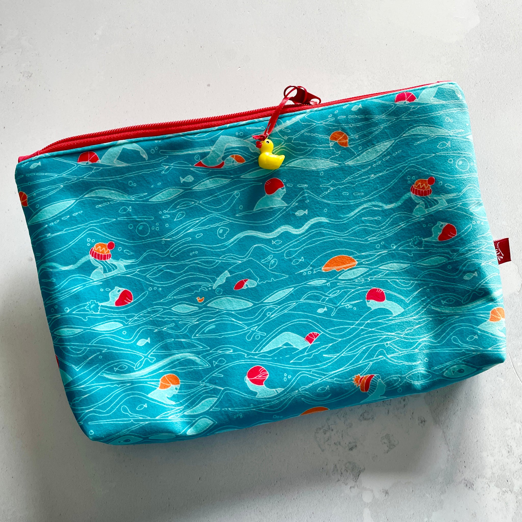 Large illustrated velvet pouch. Outdoor Swimmers design