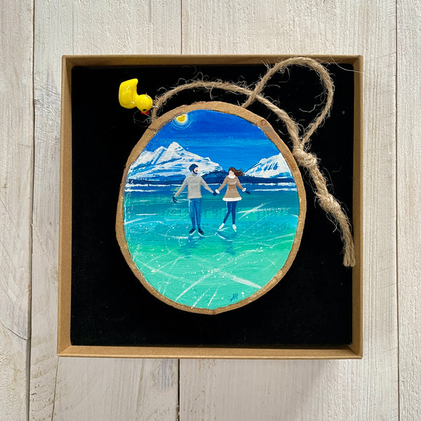 Winter Skating Date – Original Log Slice Painting (Nature’s Coat Hooks #5)
