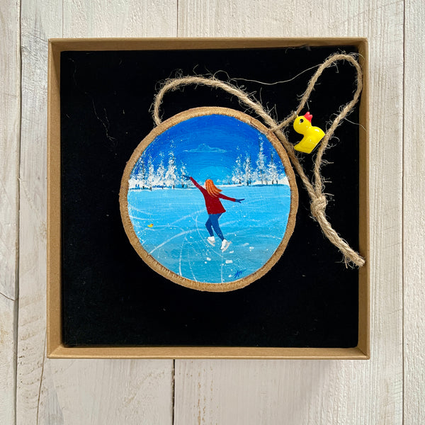 Winter Glide – Original Log Slice Painting (Nature’s Coat Hook #8)