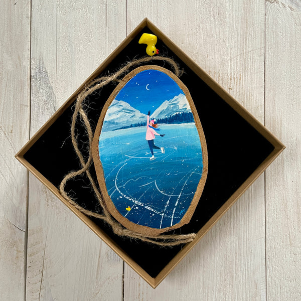 Natural Ice Skating – Original Log Slice Painting (Nature’s Coat Hooks #3)