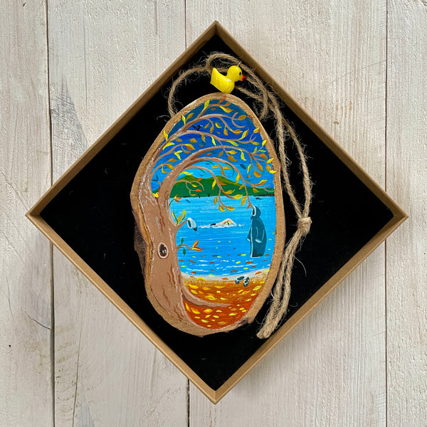 Autumn Swim – Original Log Slice Painting (Nature’s Coat Hooks #1)