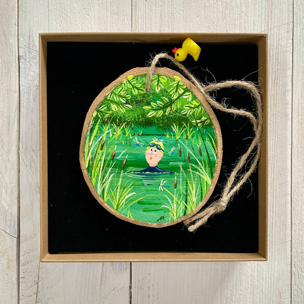 Damselfly Dip – Original Log Slice Painting (Nature’s Coat Hooks #4)