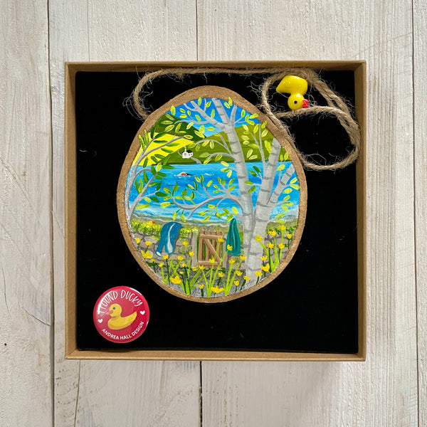 Springtime Swim – Original Log Slice Painting (Nature’s Coat Hooks #2)
