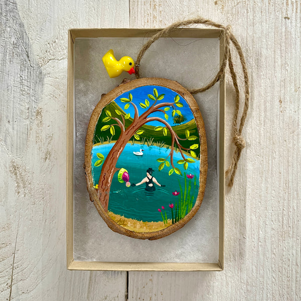 Secret Pond Swim – Original Log Slice Painting (Nature’s Coat Hook #10)