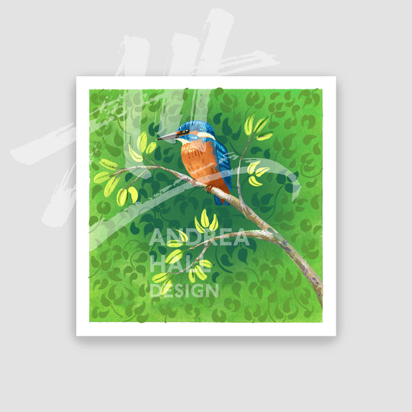 A square art print featuring a watercolor-style kingfisher perched on a branch against a green leafy background. The print is presented on a light grey background.