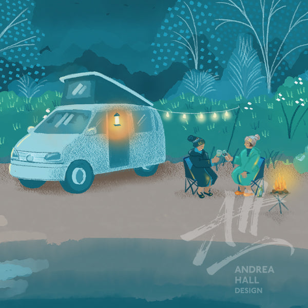 Outdoor swimming camper van print. 'Later That Day'