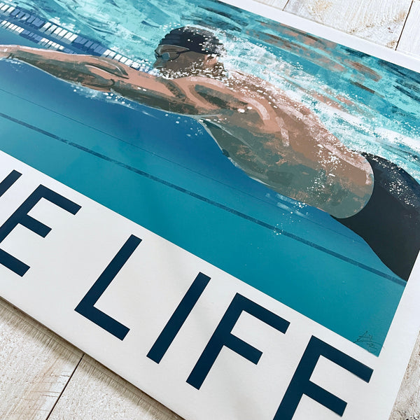Lane Life swimming art print, close-up showing the male front crawl swimmer and textured water detail