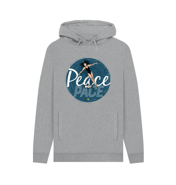 Unisex wild-swimming hoodie in light heather grey showing the “Peace Not Pace” design across the chest. Organic cotton, printed in the UK, soft brushed finish inside.