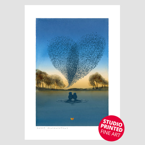 Illustration of two swimmers in a lake at sunset watching a heart-shaped murmuration of starlings, by Andrea Hall.