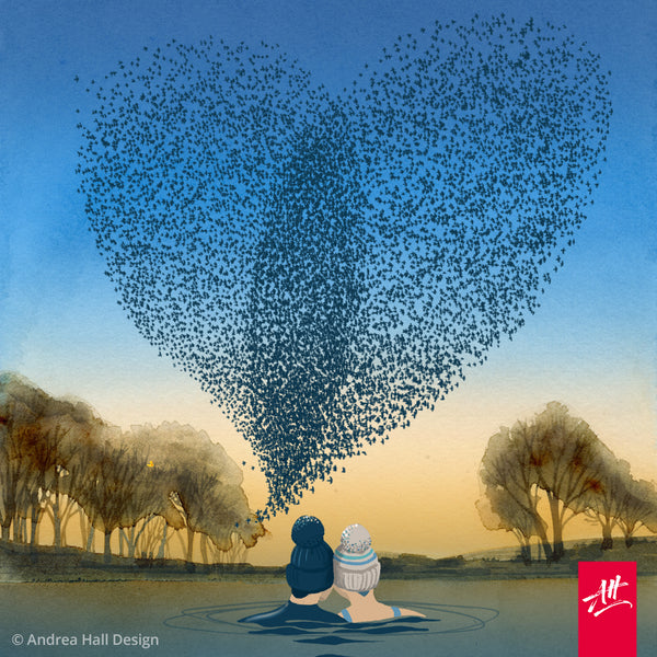 A detail of an illustration of two swimmers in a lake at sunset watching a heart-shaped murmuration of starlings, by Andrea Hall.