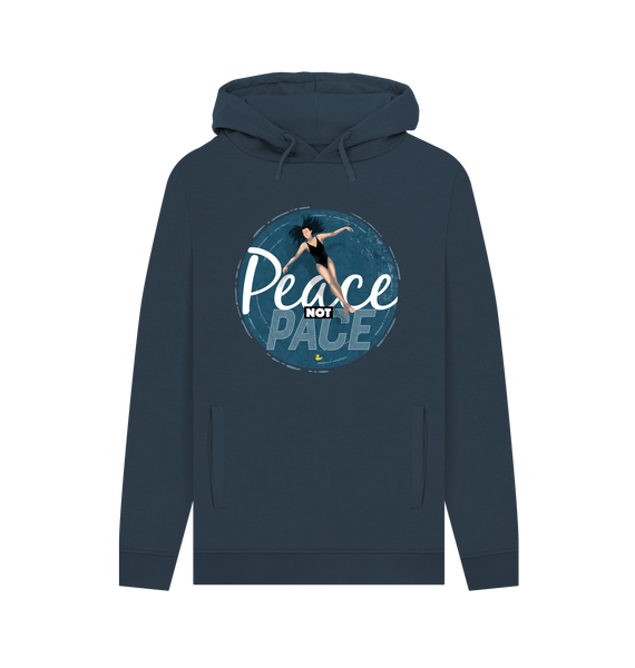 Unisex wild-swimming hoodie in navy showing the “Peace Not Pace” design across the chest. Organic cotton, printed in the UK, soft brushed finish inside.