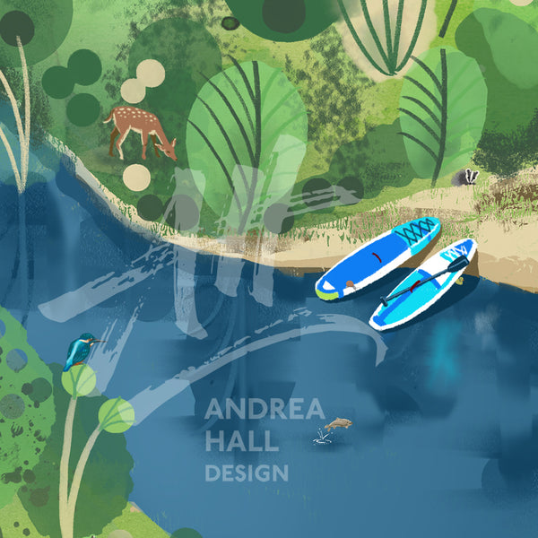 Detail of illustration of two paddleboards on a river with hidden wildlife by Andrea Hall Design.