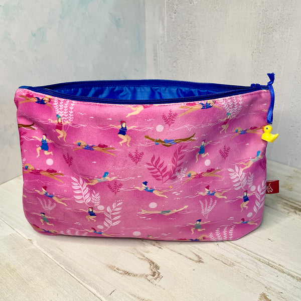 Illustrated pink velvet pouch. Ladies Wot Swim design