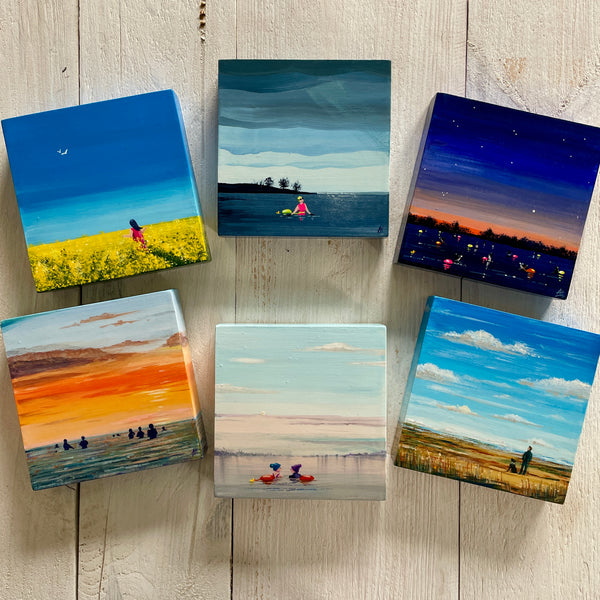 Six miniature paintings of big skies with swimmers and walkers