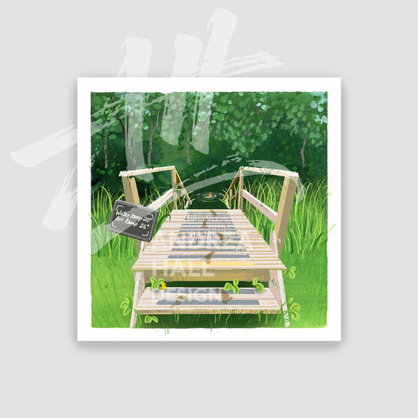 A square art print featuring an illustration of wooden steps into a lake over a green grassy field with trees in the background, shown on a light gray backdrop with a white border.