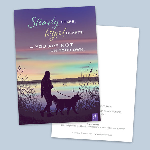 Postcard of a person walking their dog beside a calm lake at sunset, with the affirmation Steady steps, loyal hearts – you are not on your own