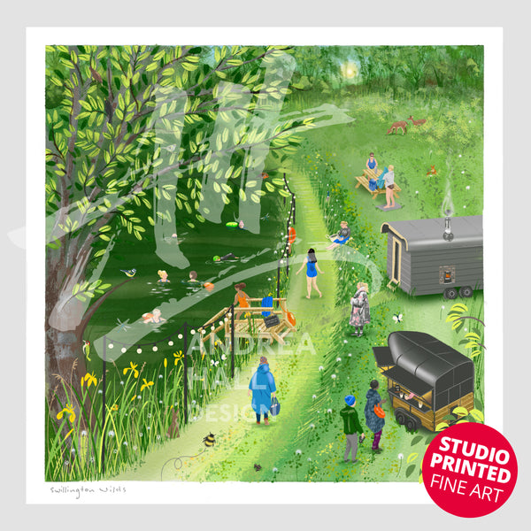 A colorful illustrated art print depicting a the scene at Swillington Wilds with people walking along a grassy path, a tree on the left, a coffee trailer, and a sauna. The print is shown with a white border and a red circular badge that reads 'STUDIO PRINTED FINE ART'.