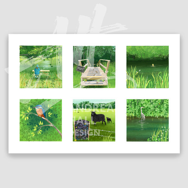 An  art print featuring a 2x3 grid of six painted cameo scenes on a white background, shown against a light gray backdrop. The scenes include a green forest pond with a person sat on a bench, wooden steps, a swimmer in a lake, a kingfisher on a branch, a black sheep and lamb in a field, and a heron standing in shallow water.