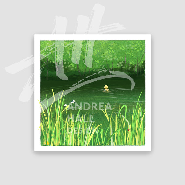 A square art print featuring a swimmer in a stylized green landscape with a pond, reeds, and trees, shown centered on a light gray background with a white border around the print.