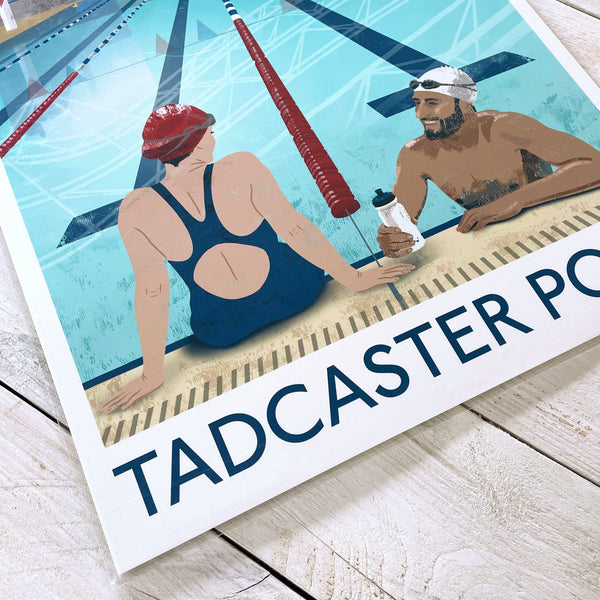 Close-up of the Tadcaster Pool art print showing two swimmers chatting together at the poolside between lengths.