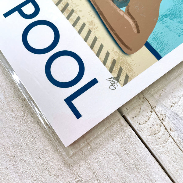 Close-up detail of the Tadcaster Pool fine art print showing the printed texture, typography and artist’s signature.