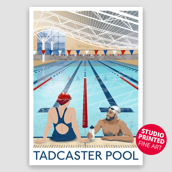 Tadcaster Pool art print by Andrea Hall, featuring two swimmers chatting poolside with the distinctive swimming pool roof and lanes behind them.